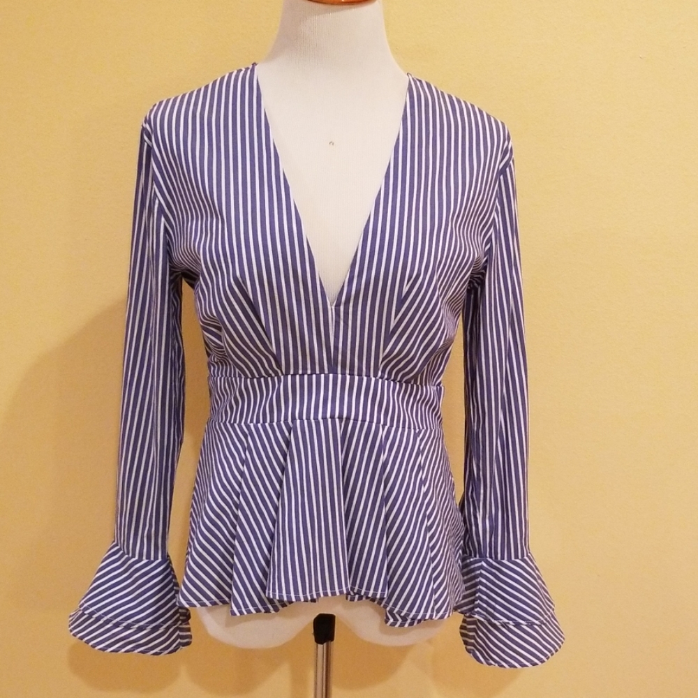 Windsor Deep V- Neck Peplum Bell Sleeve Blouse L